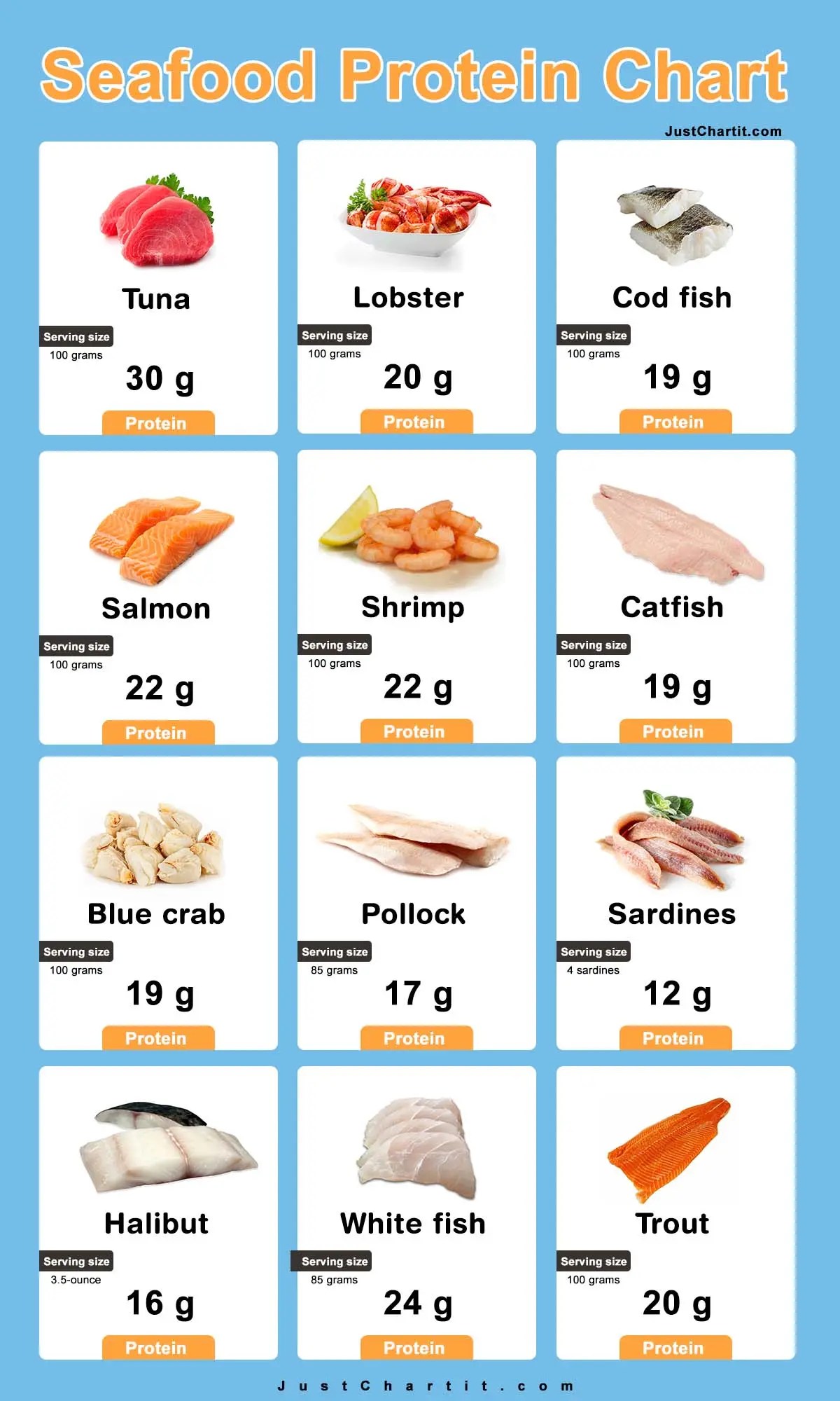 Seafood Protein Chart per 100 g