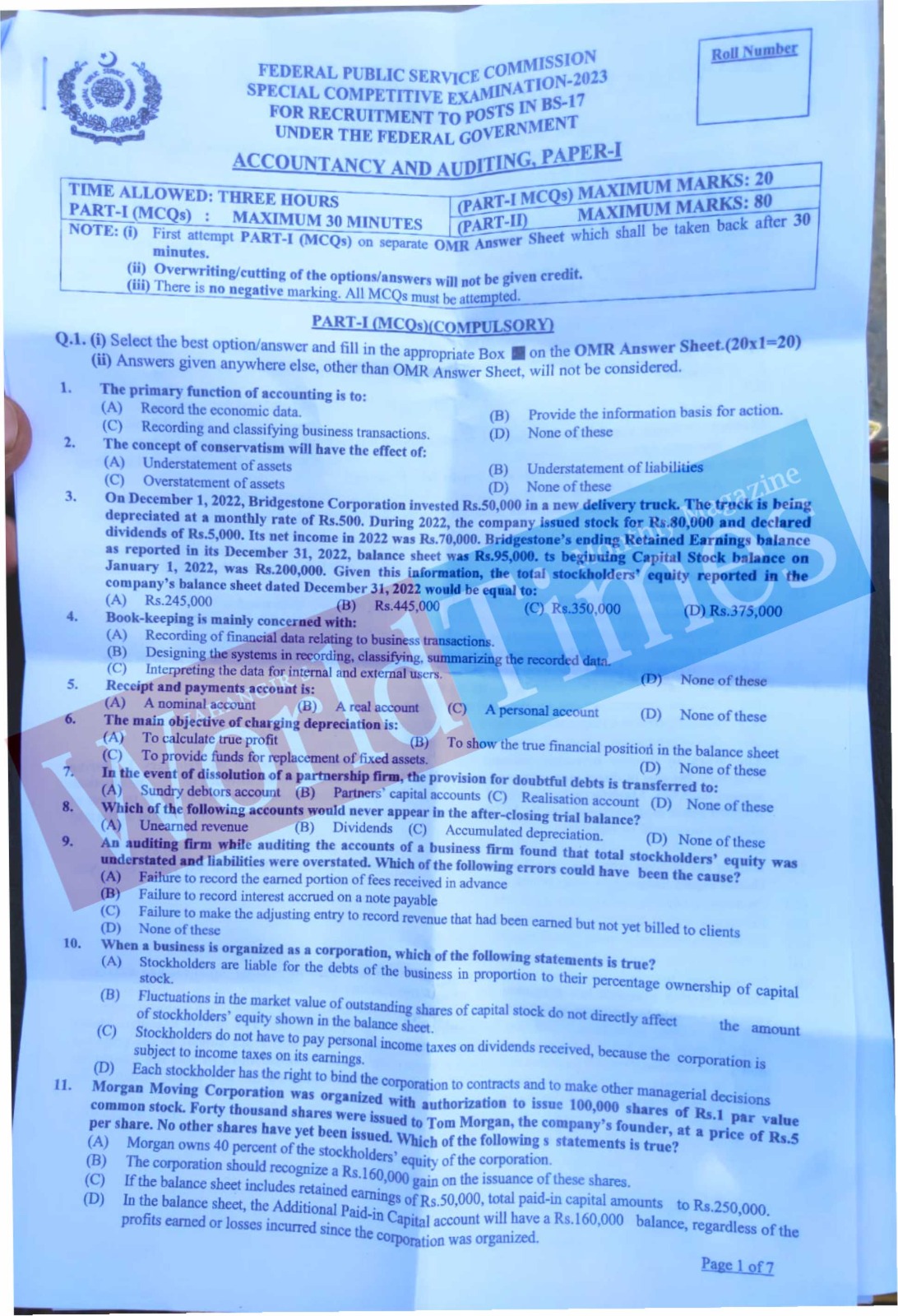 CSS Special Competitive Examination Paper 2023 (Accountancy & Auditing