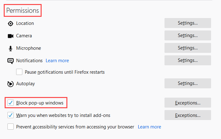 Disable Web Browser Pop-up Blockers