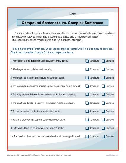 Compound Sentences vs. Complex Sentences Worksheet