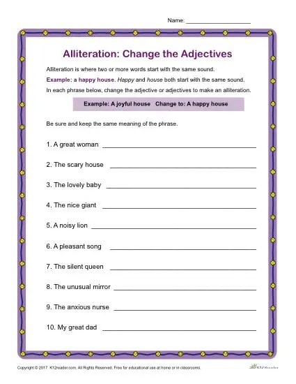 Change the Adjectives Printable Alliteration Activity