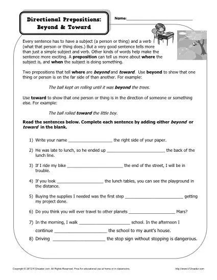 Preposition Worksheet - Directional Prepositions