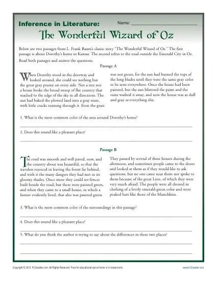 Inference in Literature The Wizard of Oz Middle School Worksheets