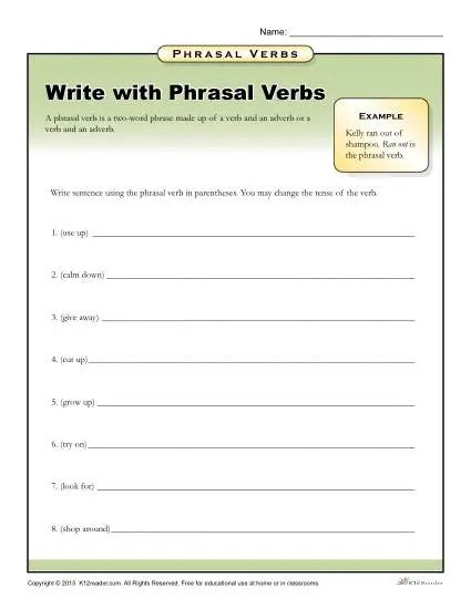 Write With Phrasal Verbs Worksheet For 3Rd, 4Th, 5Th Grade