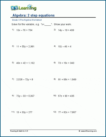 Algebra with 2 step equations worksheets | K5 Learning