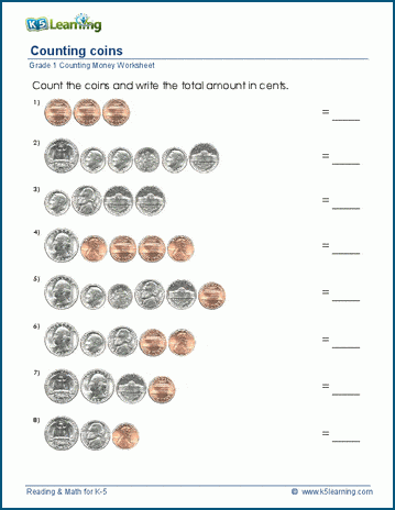 Grade 1 Counting Money Worksheet - Pennies, Nickels, Dimes & Quarters | K5 Learning