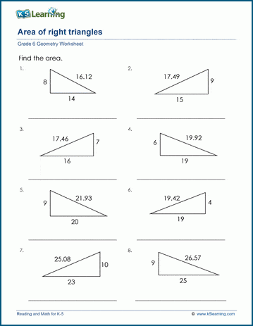 Area of right triangles worksheets | K5 Learning