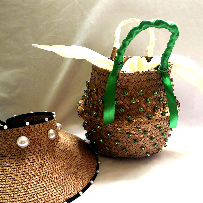 Rhinestones Basket Straw Handbag
