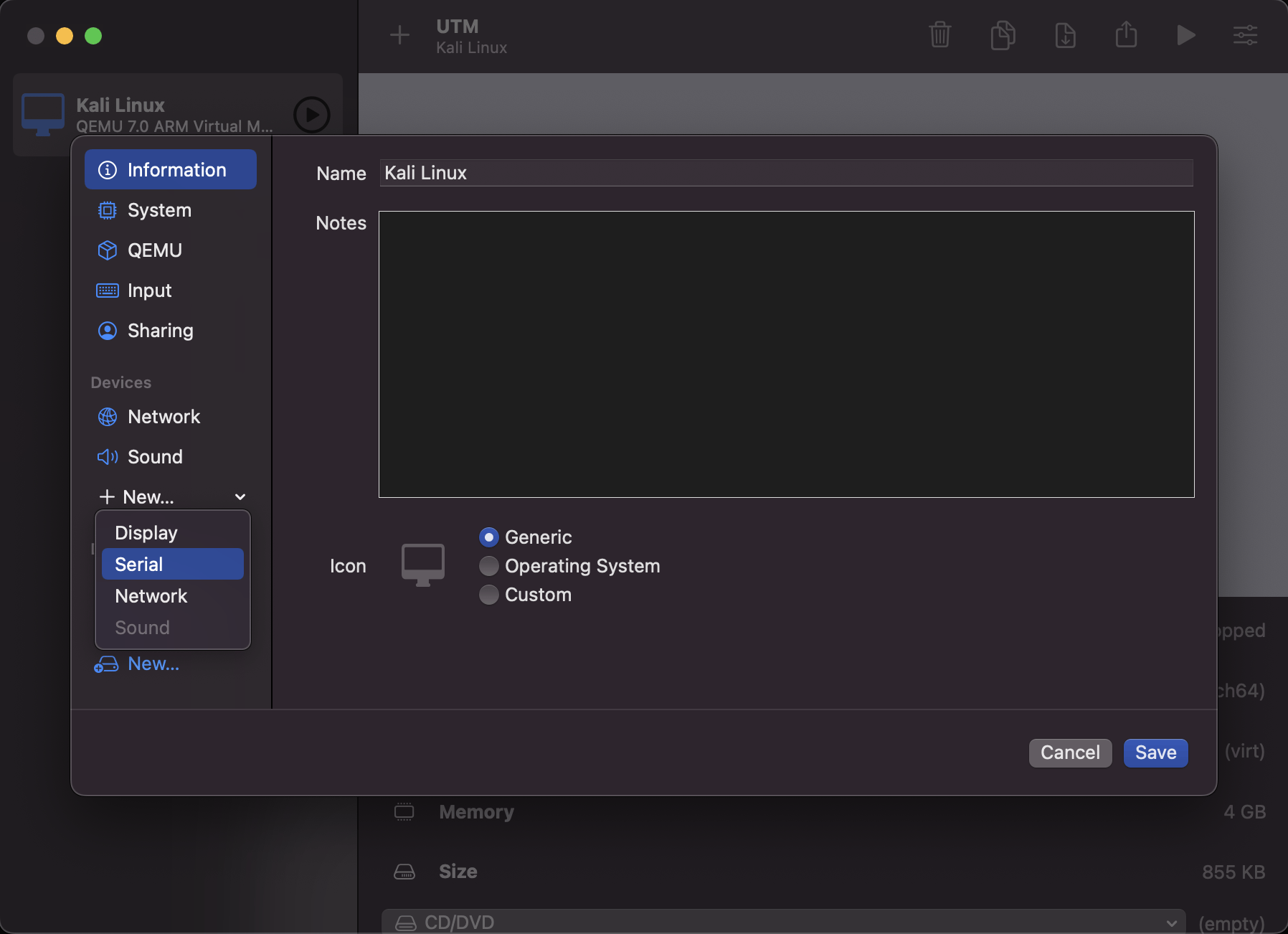 From here we can add the device “Serial” under “Devices”