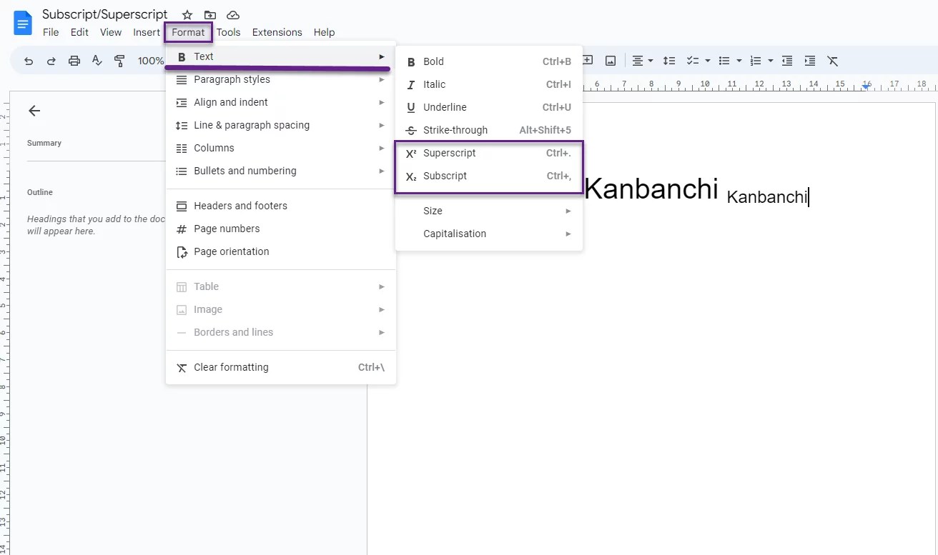 How to subscript and superscript in Google Docs? Kanbanchi