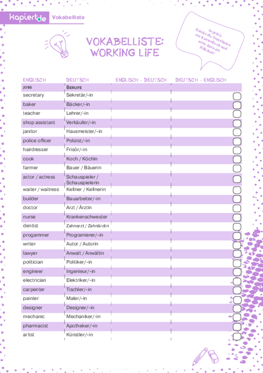 Vokabelliste Working Life kapiert.de