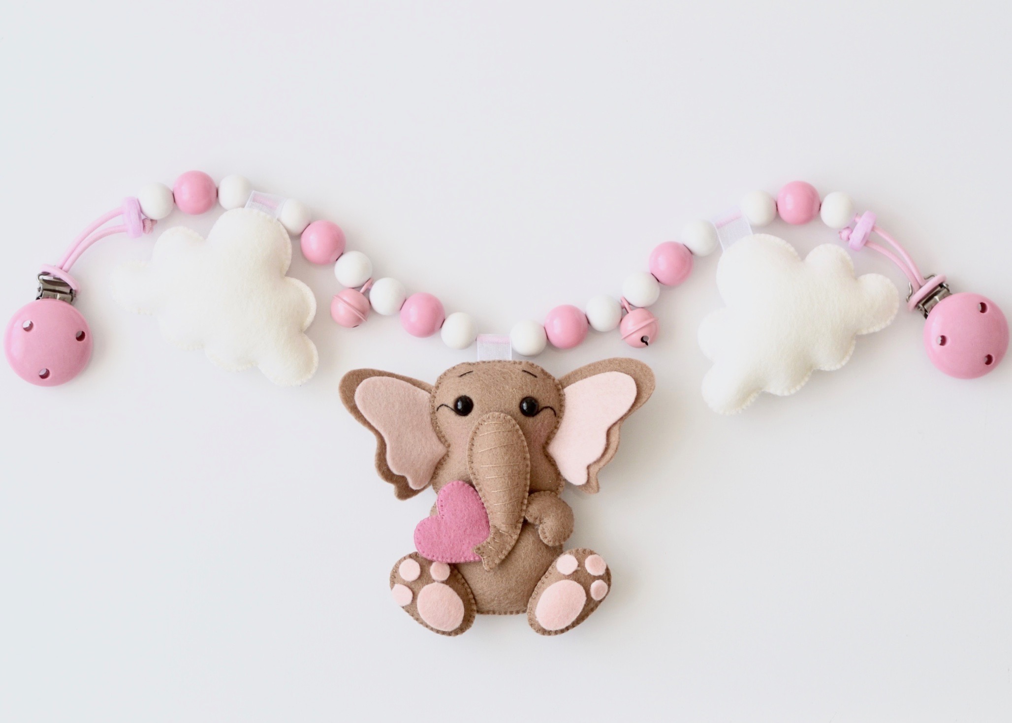 Kinderwagenkette "Elefant mit Wolken" aus 100 Wollfilz Karapuz Boutique