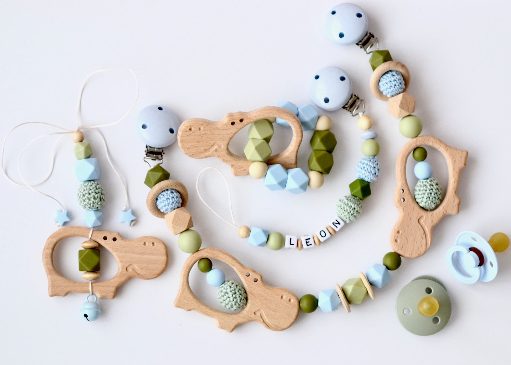 4er Set " Nilpferd" Kinderwagenkette, Schnullerkette, Maxi Cosi