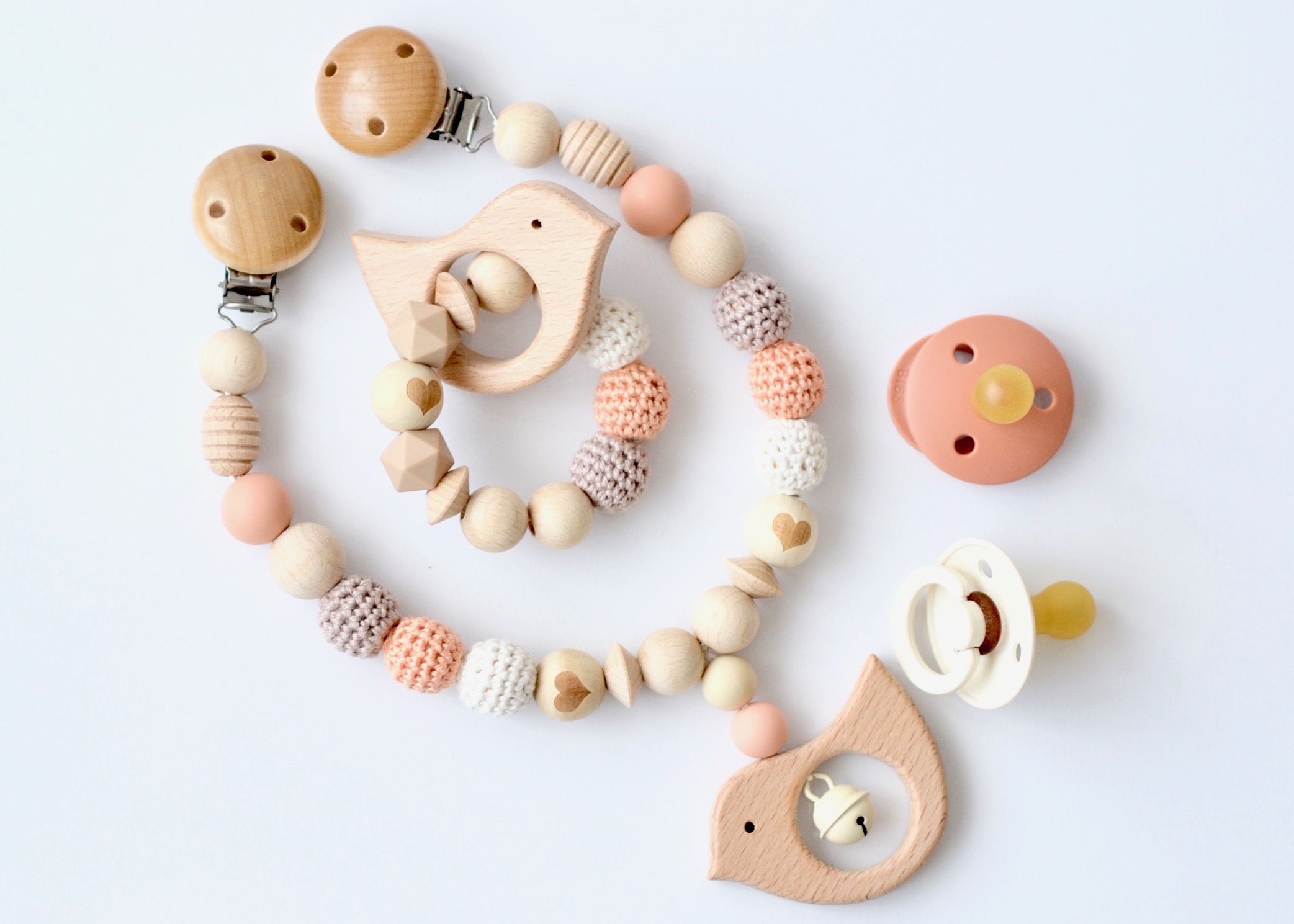 2er Set "Vogel" Kinderwagenkette und Beißring in peachtaupe Karapuz