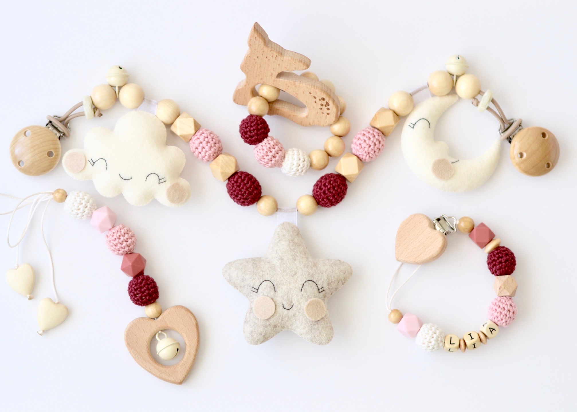4er Set Kinderwagenkette, Schnullerkette, Maxi Cosi Anhänger und