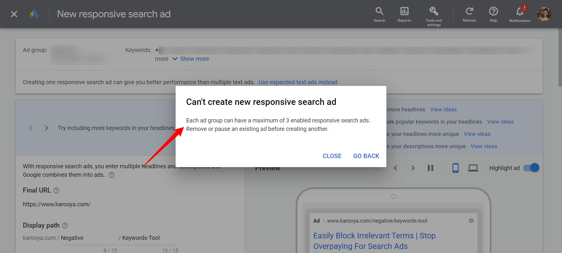 Google Ads gives “Limit Exceeded” Error while creating RSA Karooya