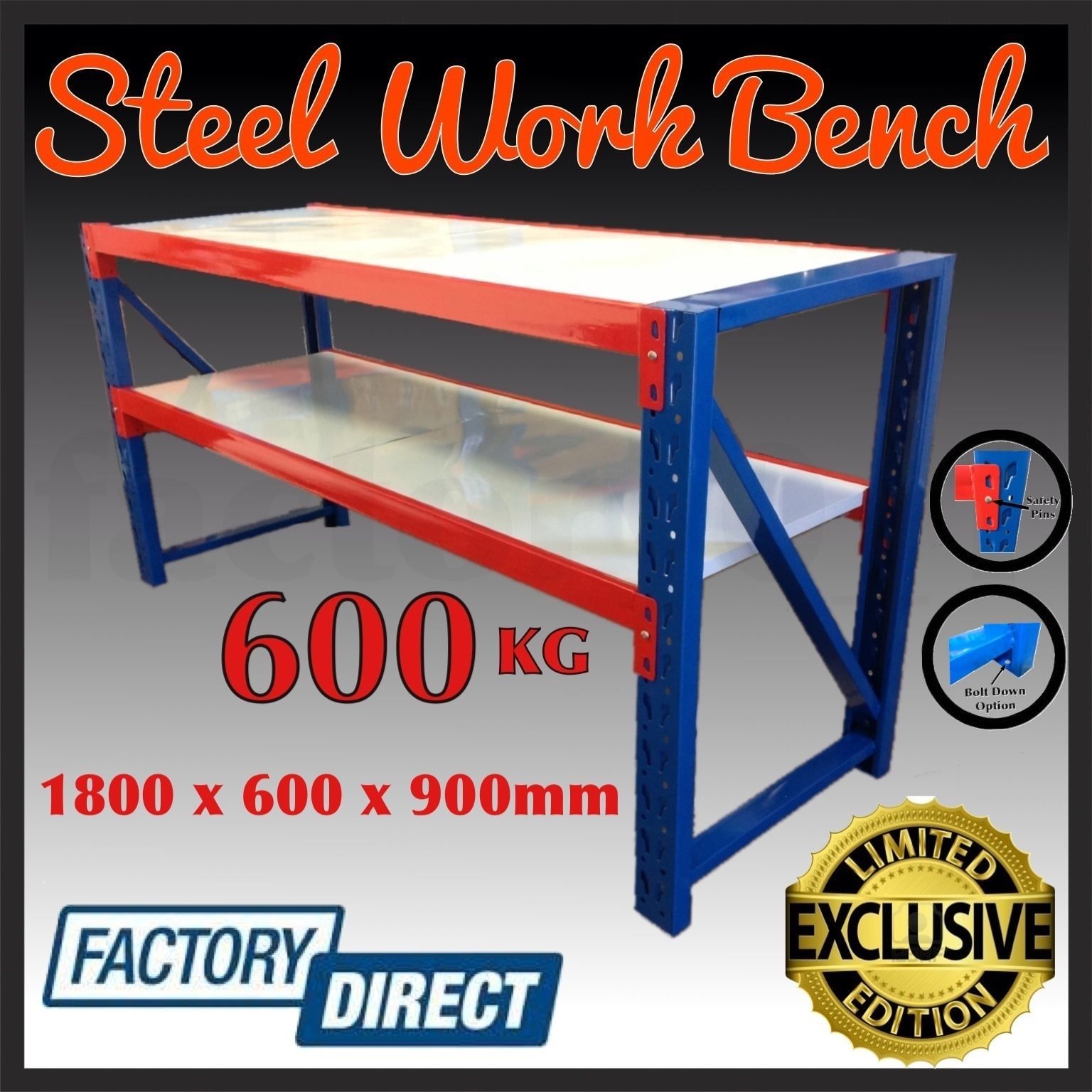 600KG HEAVY DUTY STEEL WORK BENCH STORAGE RACKING WAREHOUSE GARAGE WORK