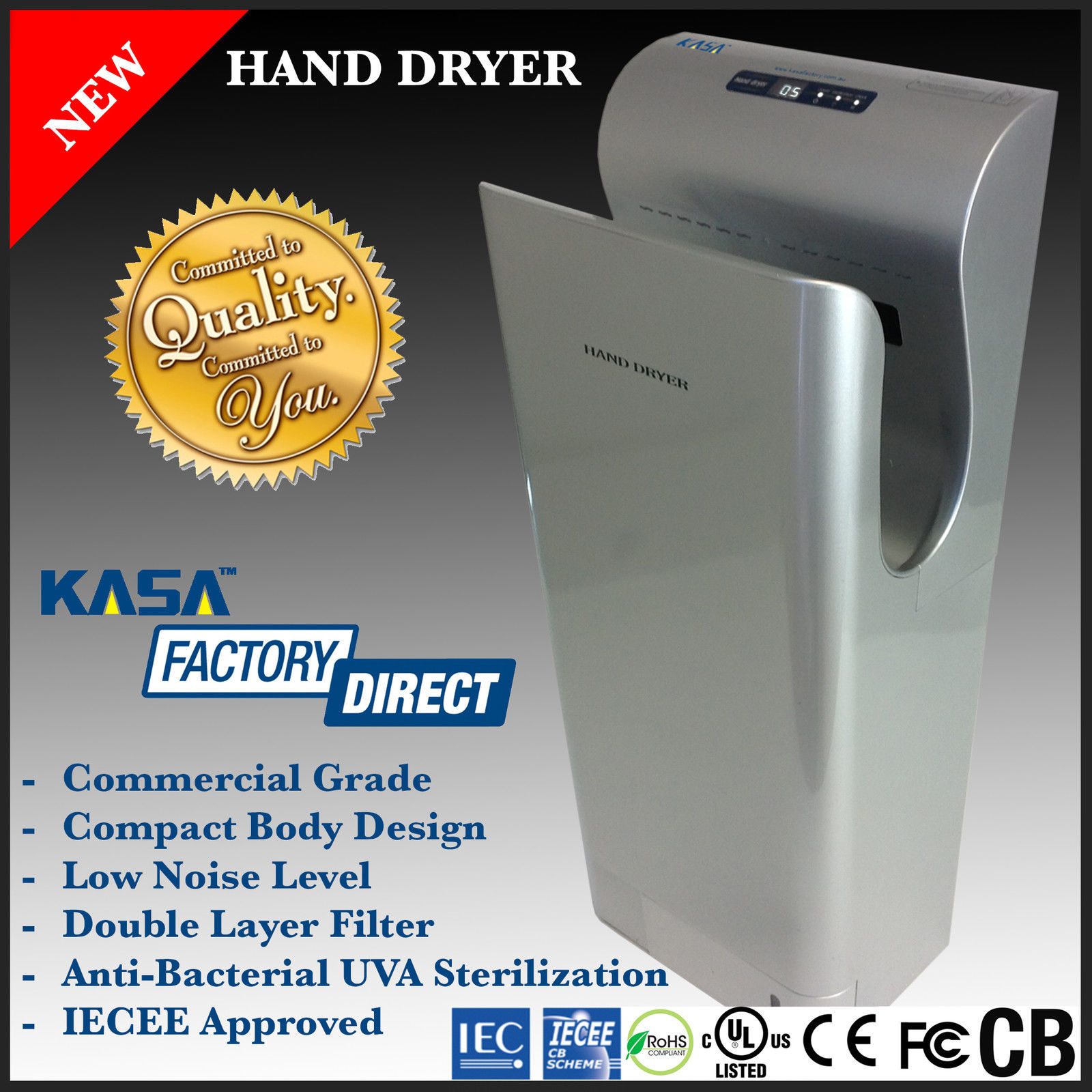 AUTOMATIC HAND DRYER, SILVER, COMMERCIAL GRADE BATHROOM, RESTROOM, TOILET