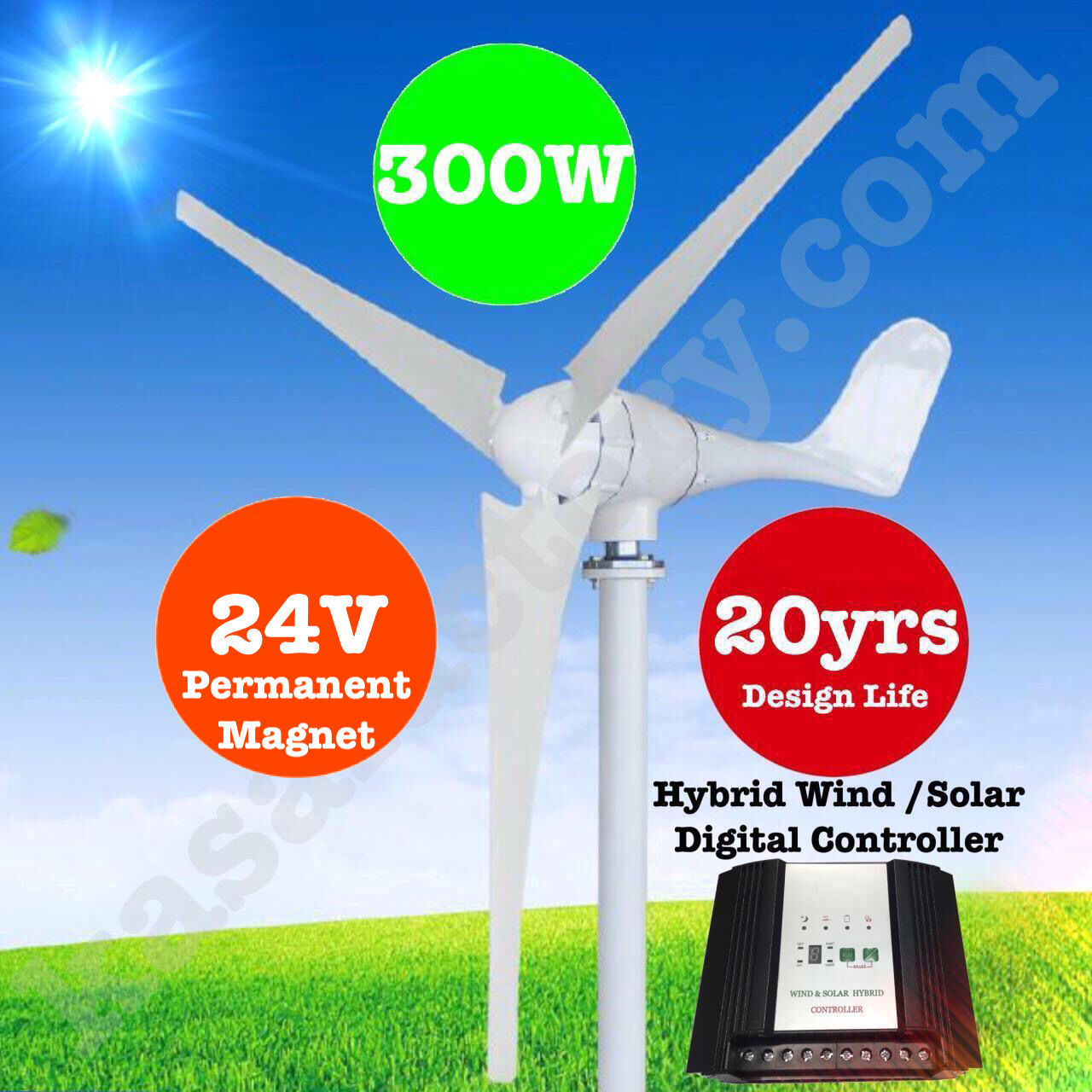 300W 24V Wind Turbine Generator 3 Blade Digital Hybrid Wind/Solar Controller!!