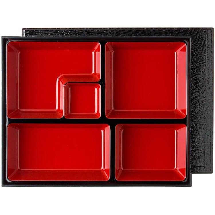 Shokado Large Bento Box, Red & Black With Woodgrain Pattern