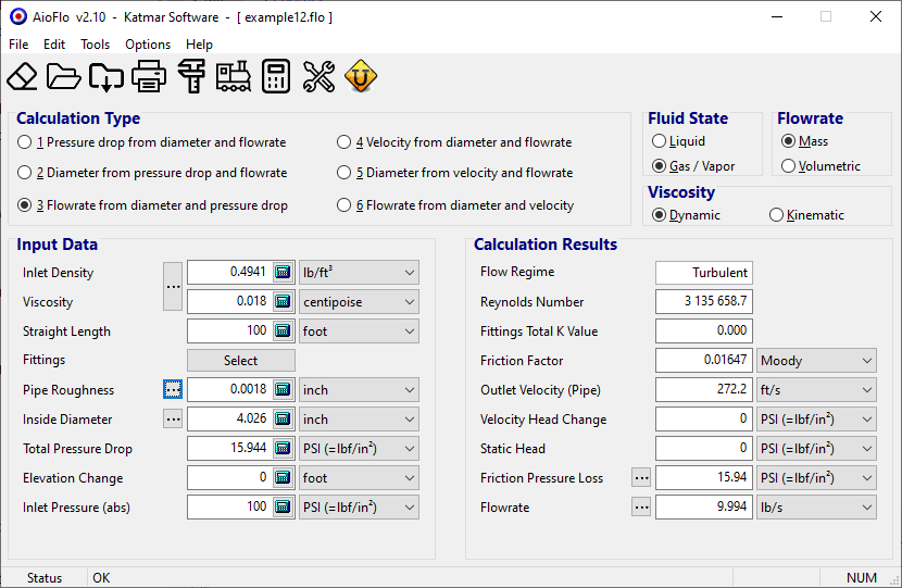 Nitrogen flow rate for known pressure drop using adiabatic and