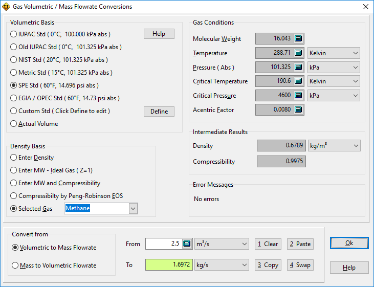 Convert gas and liquid flowrates between mass and volumetric basis