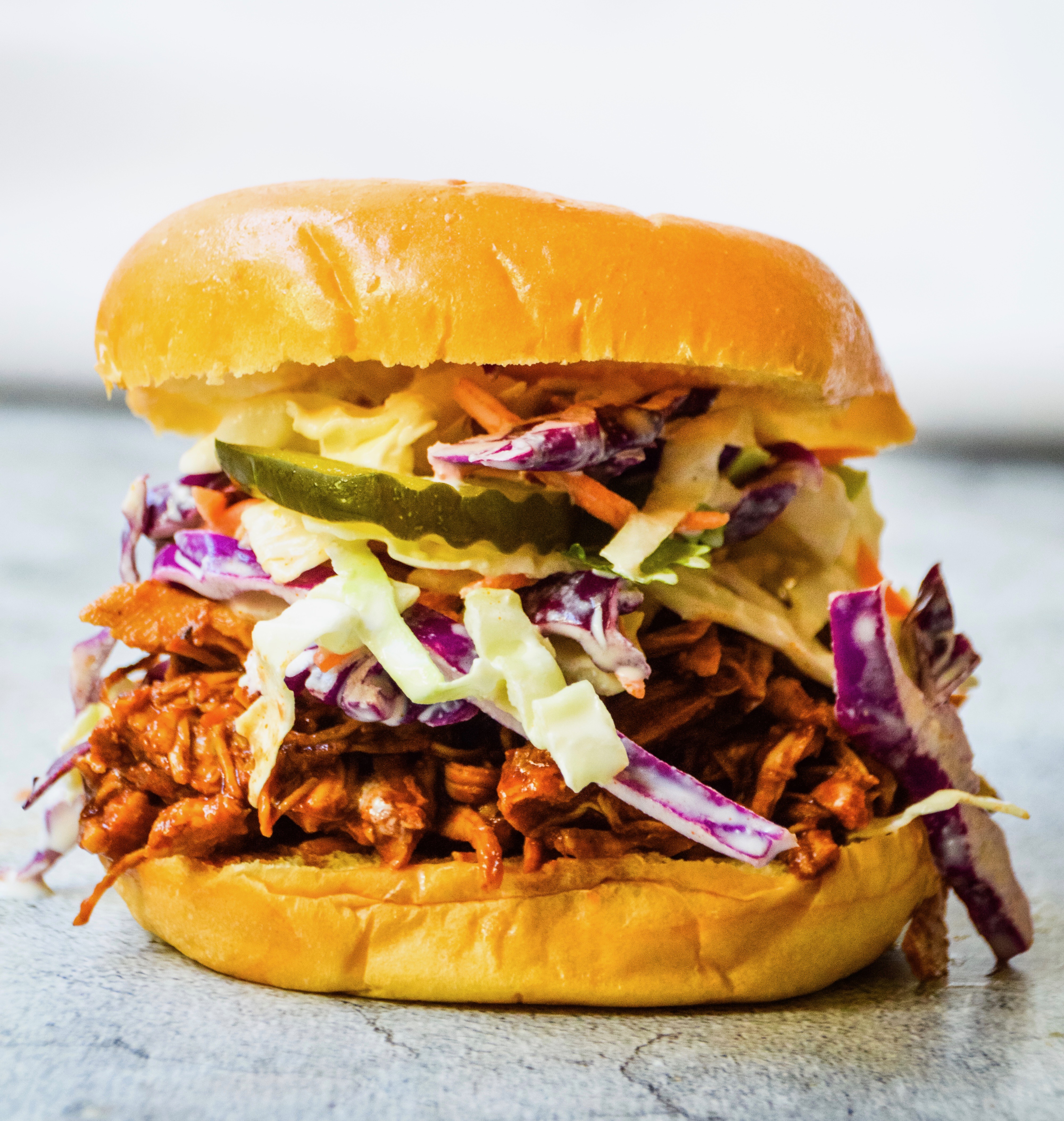 Shredded BBQ Chicken & Coleslaw + Quick Pickles Cucumbers