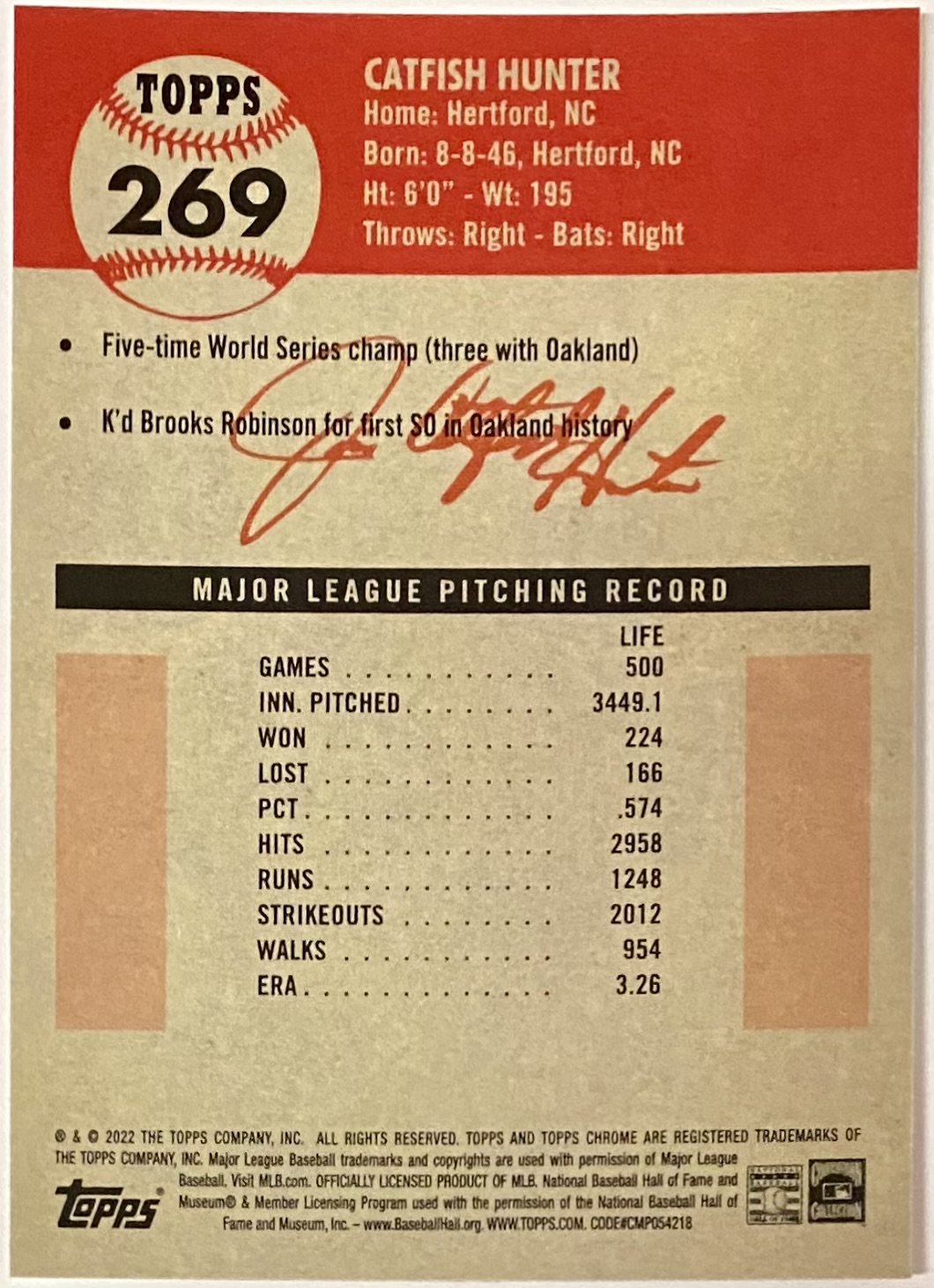 Jim "Catfish" Hunter 2022 Topps Chrome Platinum Anniversary Oakland