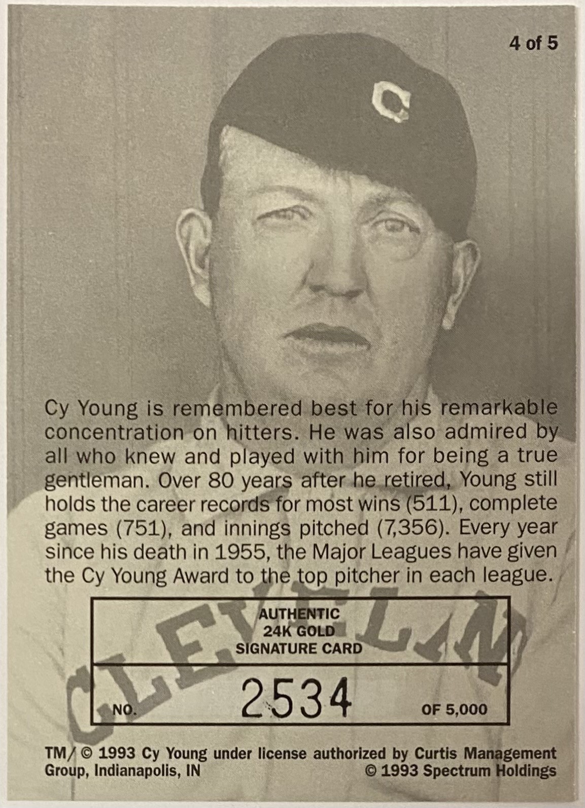 Cy Young 1993 Spectrum Cleveland Naps Baseball Authentic 24K Gold