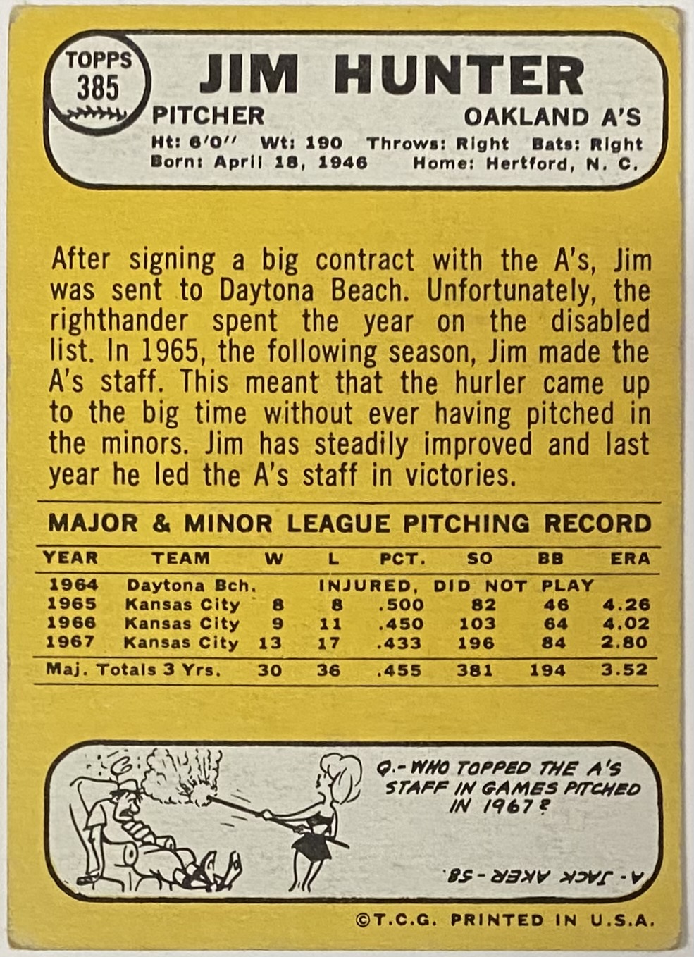 Jim "Catfish" Hunter 1968 Topps Oakland Athletics Baseball Card KBK