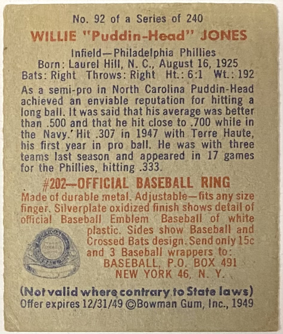 Willie "PuddinHead" Jones 1949 Bowman Philadelphia Phillies Baseball