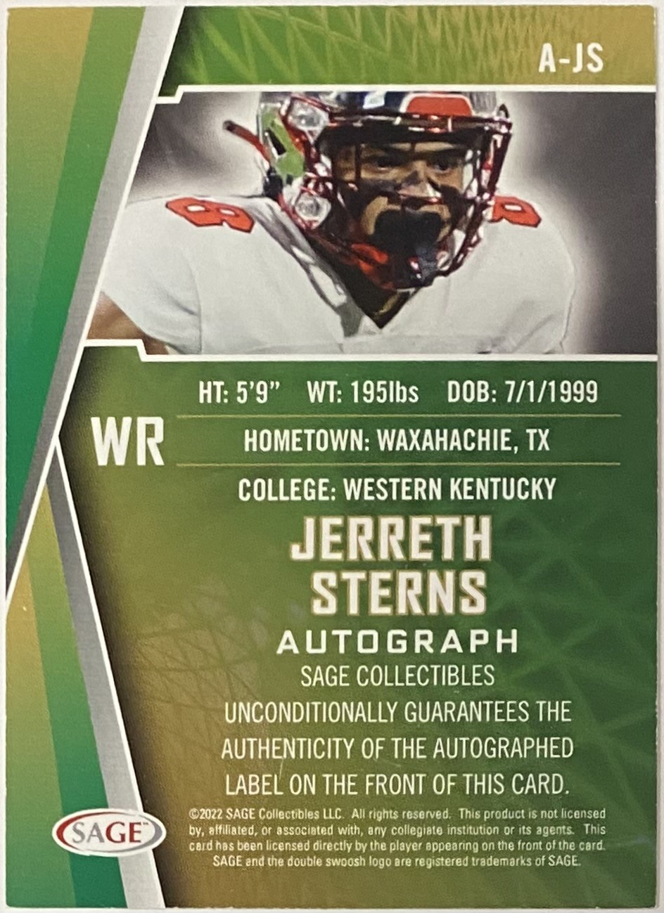 Jerreth Sterns Autographed 2022 SAGE Western Kentucky Hilltoppers Football Rookie Card KBK Sports