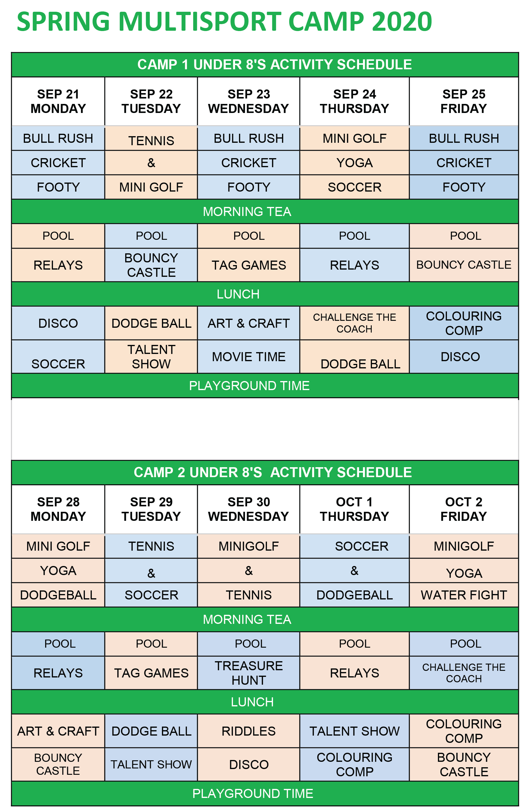 Camp at KDV Sport under 8 schedule KDV Sport