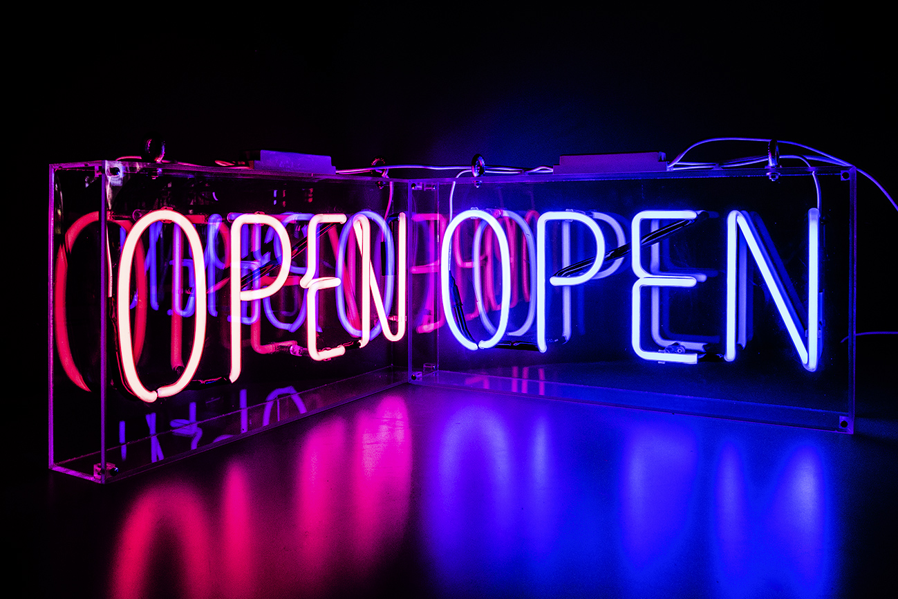 Neon Blue Open Kemp London Bespoke neon signs and prop hire.