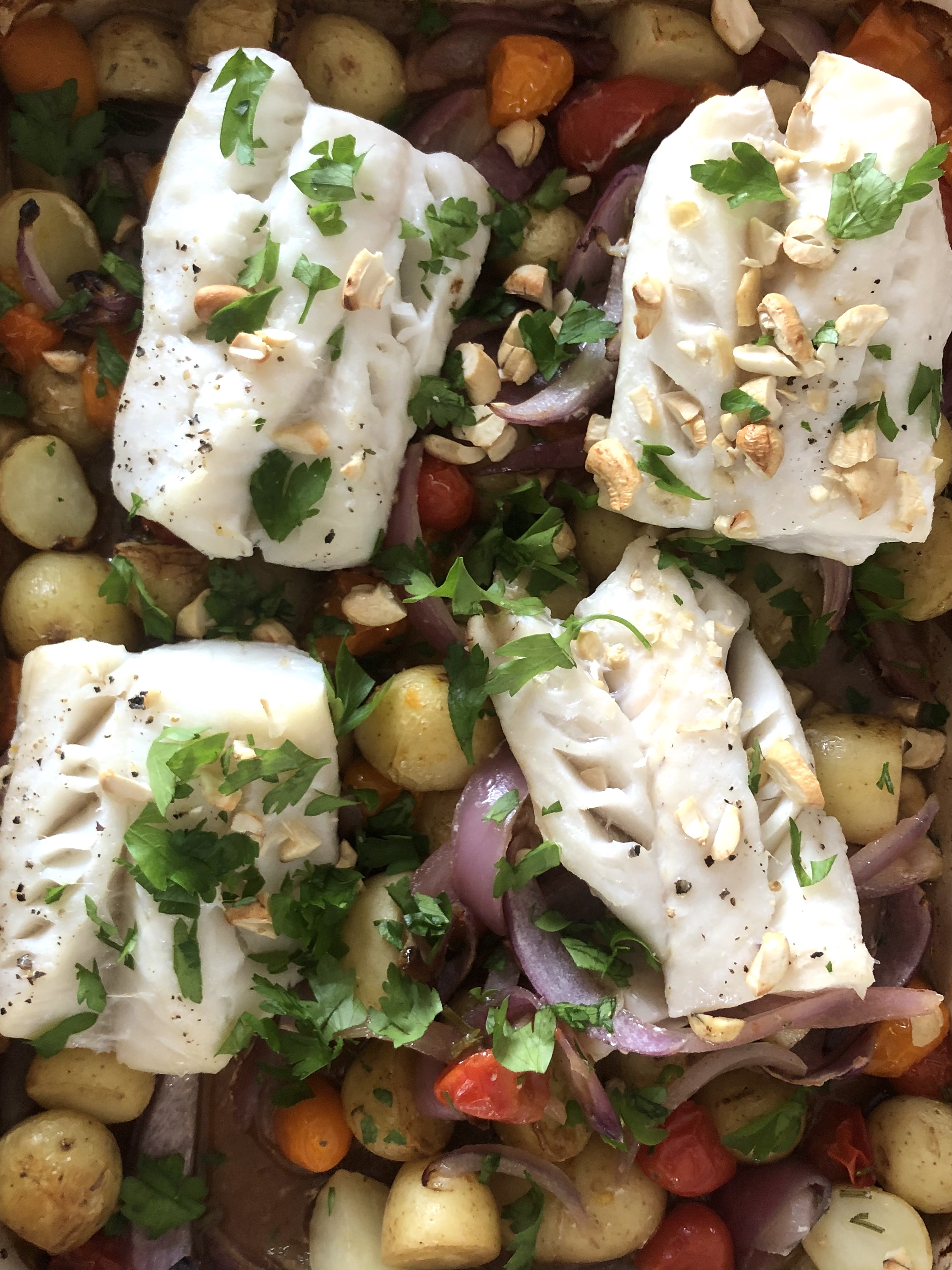 Recipe Baked fish with new potatoes, tomatoes & cashew nuts Kensington Mums Recipe Baked fish with new potatoes, tomatoes & cashew nuts Kensington Mums