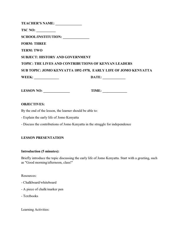 Lesson Plans on Lives and Contributions of Kenyan Leaders Form 4