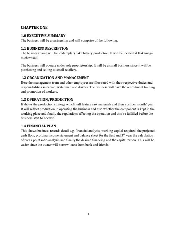 Sample Bakery Business Plan in Kenya 5166