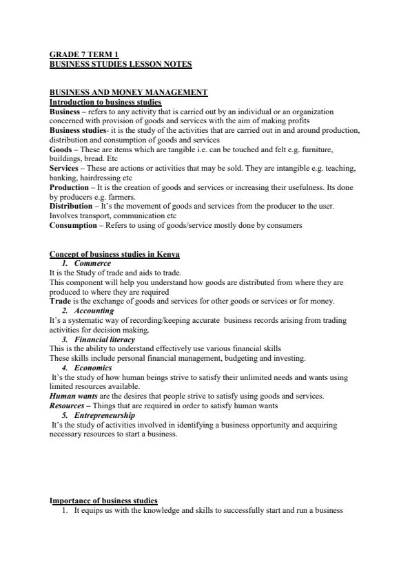 Grade 7 Business Studies Notes Term 1 12909