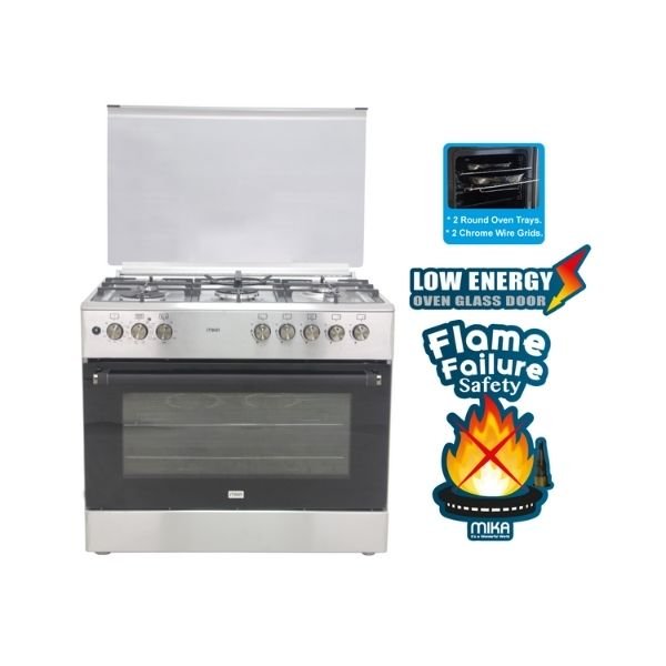 MIKA Standing Cooker, 90cm X 60cm, 5GB, Electric Oven, Half Inox