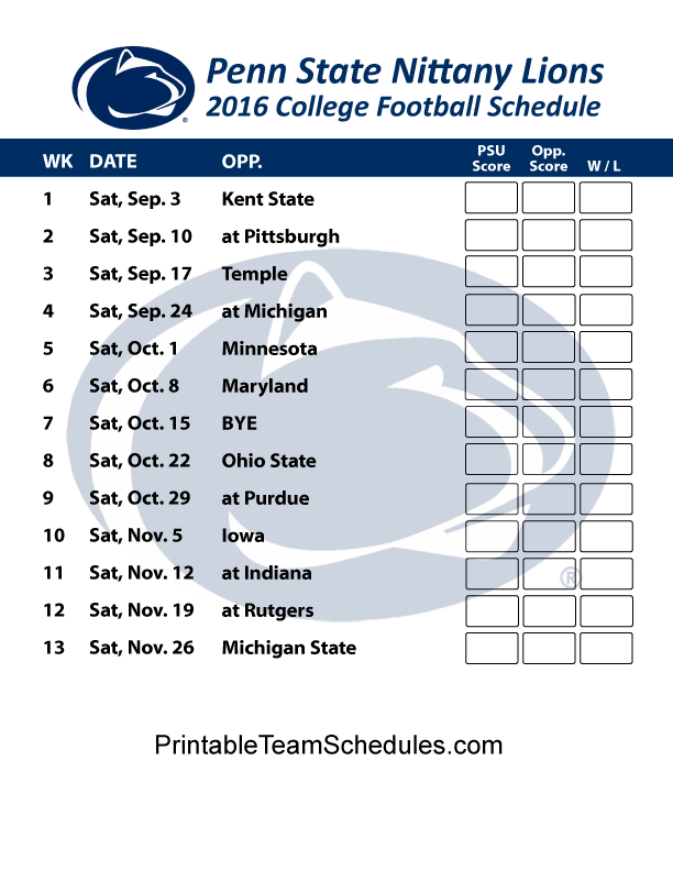 Penn State Printable Football Schedule