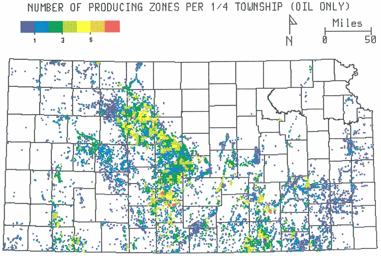 KGSSubsurface Geology 9Number of producing zones per 1/4 township