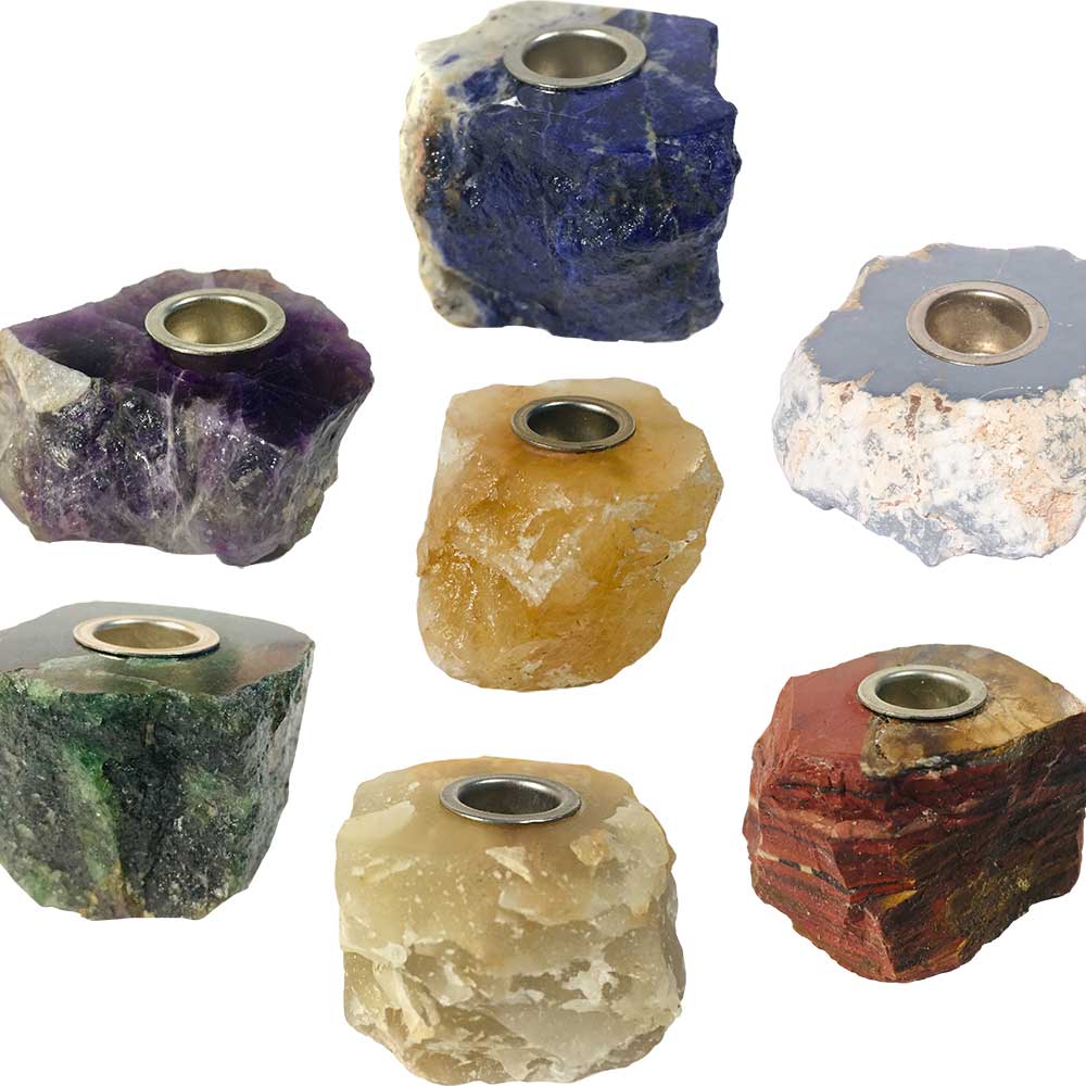Rough Gemstone Chakra Mini Candle Holders (Set of 7) Kheops International