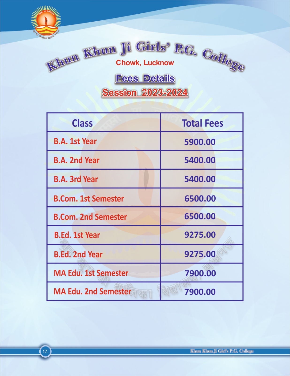 Fee Structure Khun Khun Ji PG College
