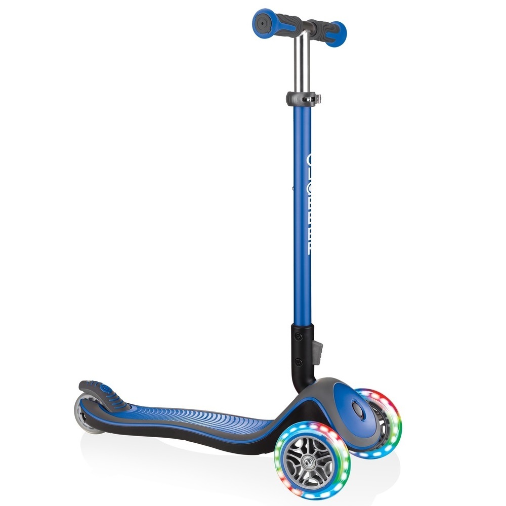 Globber Elite Deluxe Foldable Lights Kids 3 Wheel Scooter Navy Blue