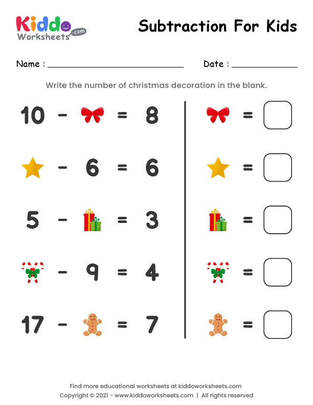 Free Printable Subtraction Christmas Worksheet - kiddoworksheets