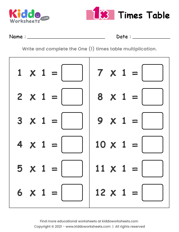Free Printable 1 Times Table Worksheet Worksheet - kiddoworksheets