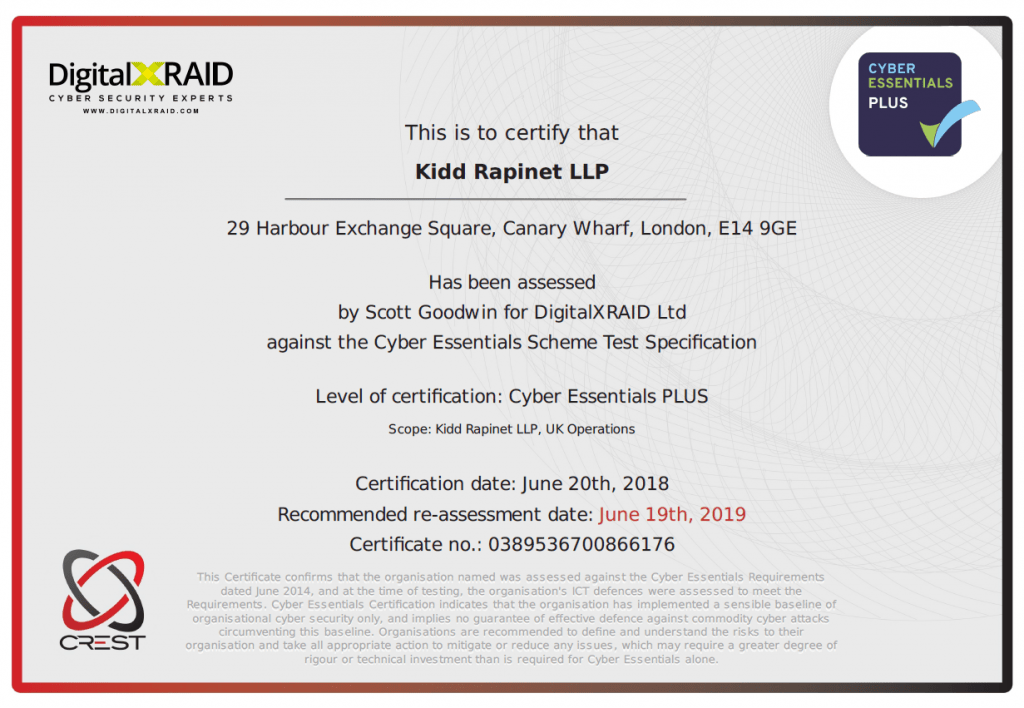 Government Cyber Essentials Plus Accreditation achievement for Kidd Kidd
