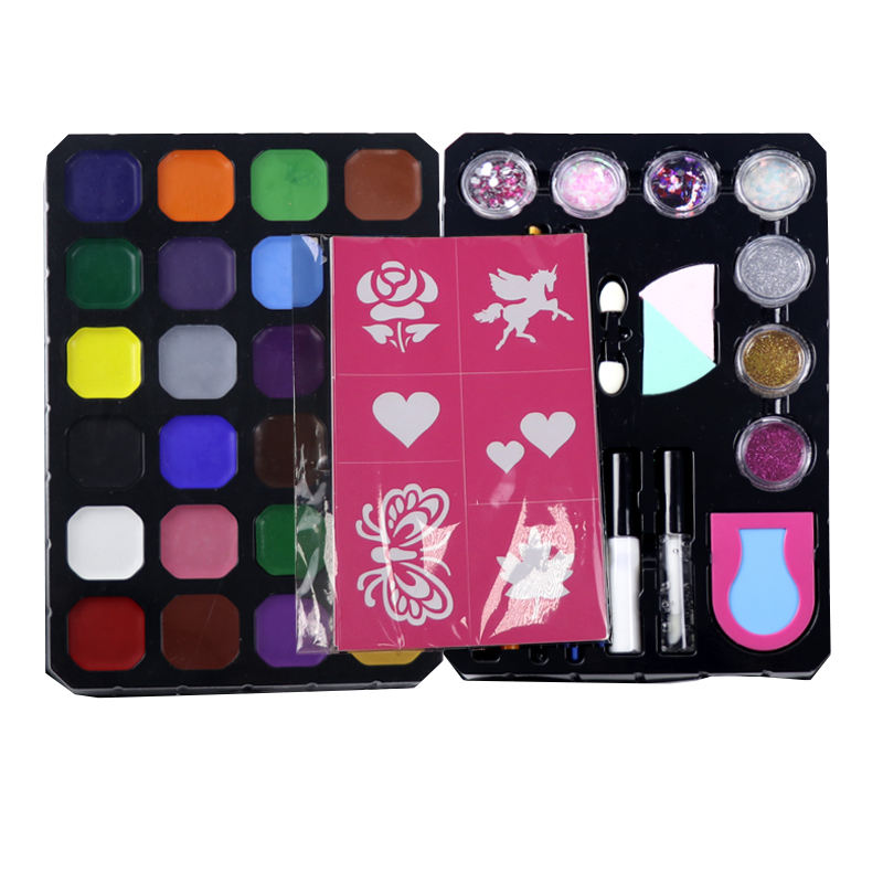24 Colors Kids DIY Christmas Party Face Painting with Glitter Stencils