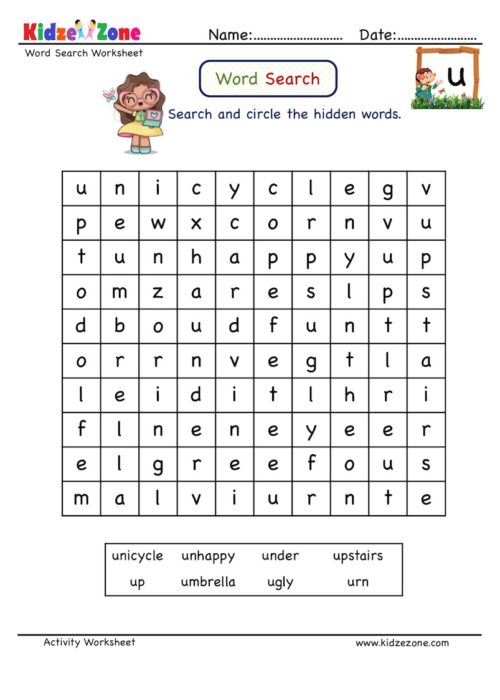 Letter U words puzzle worksheet KidzeZone