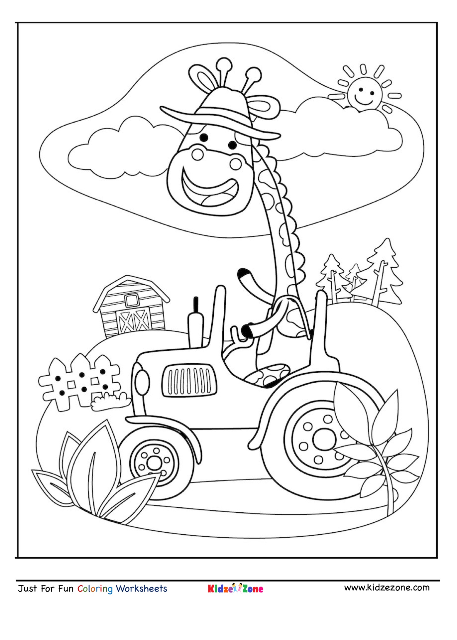 Giraffe driving cartoon coloring page KidzeZone